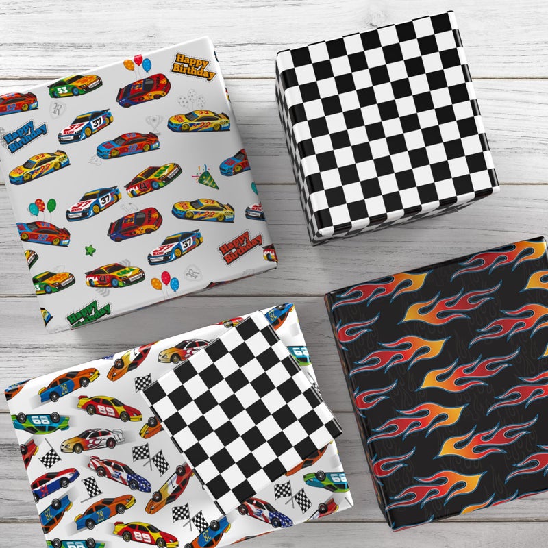 ZINTBIAL Race Car Wrapping Paper for Kids Birthday - Flames  Checkered Flags  Colorful Racing Cars and Happy Birthday Words Designs - 20 x 29 Inches  8 Folded Sheets  Easy to Store - Image 5